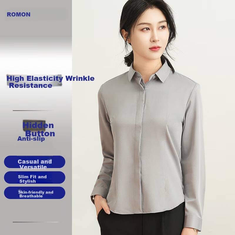 ROMON Long-Sleeve Shirt for Women, Business Casual Professional Formal Wear, Slim-Fit Slimming Work Uniform, Commuter White Blouse Women's Top