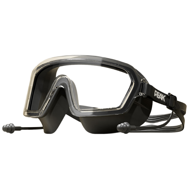PEAK Large Frame Swimming Goggles for Adults, Men And Women, High Definition Waterproof Anti-Fog with Integrated Earplugs, Professional Diving Swimming Glasses, Black