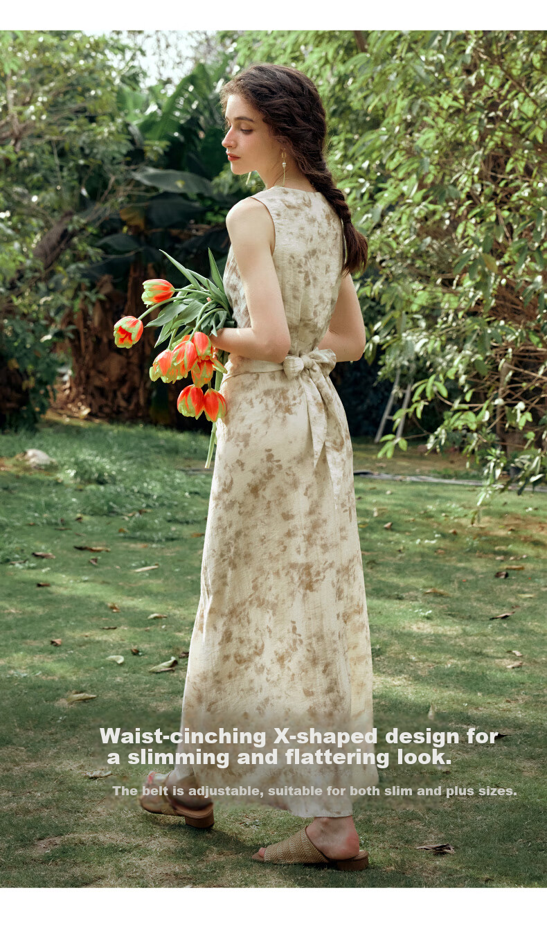 Olrain French Style Apricot Dress Women Summer Waist Slim Floral Mid-Length Dress Apricot L 16