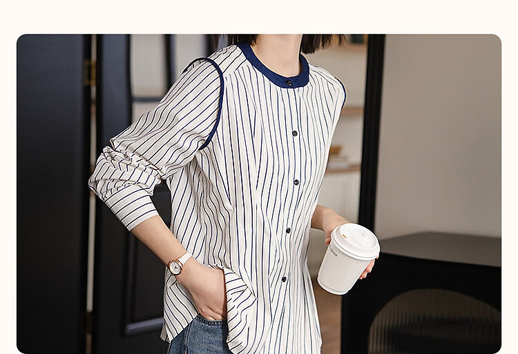Demana Casual Wealthy Style Spring Japanese Cloud Cotton Vintage Striped Colorblock Shirt Women's Top 3