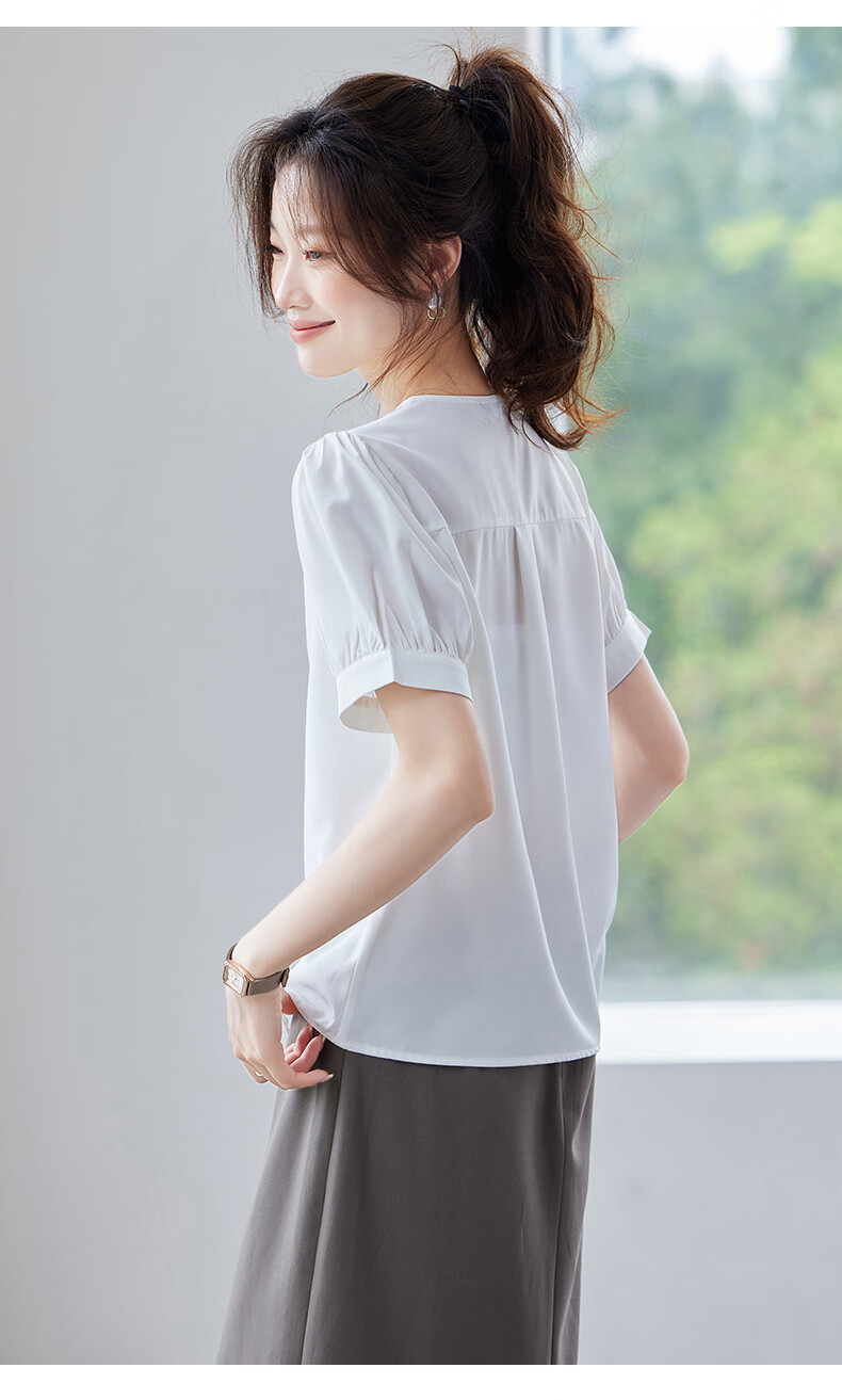 Jeanswest Women's V-Neck Short Sleeve Shirt Summer Elegant Commuter Casual Simple Cardigan Top Apricot M 16