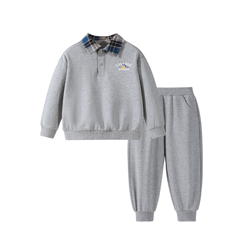 Classic Teddy Boys' Set Children's Sweatshirt and Sweatpants 2-Piece Mid-Child Spring Polo Collar Plaid Outfit Light Gray 130