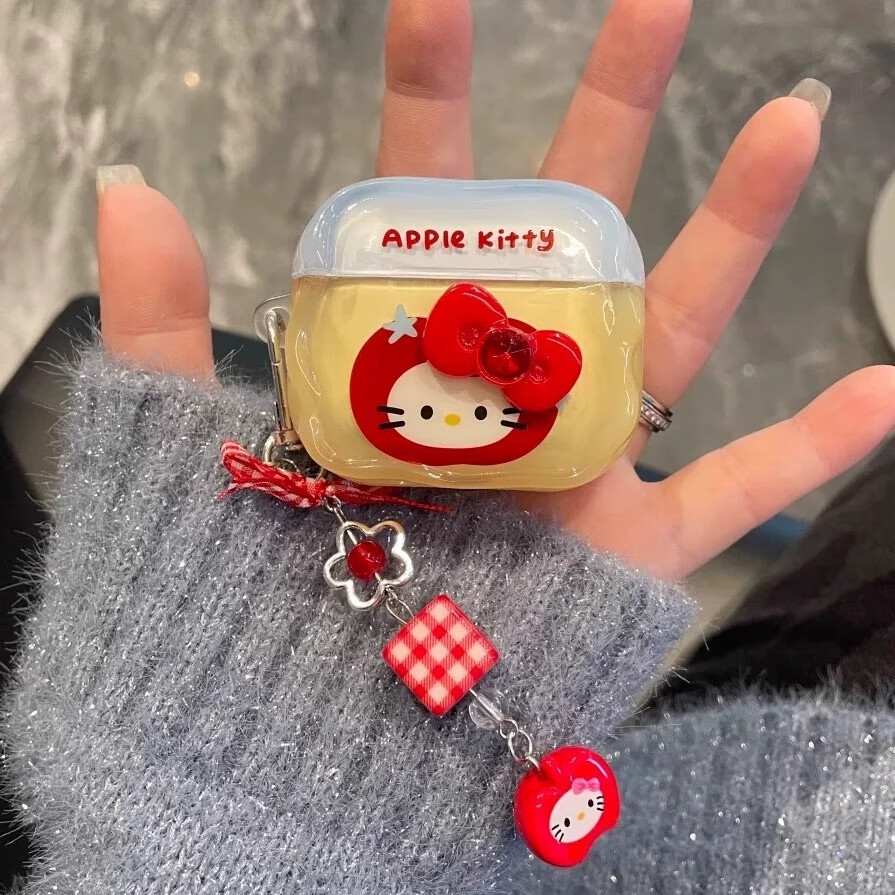 Beiyipin Cartoon Cute Apple Head Case, Adorable Cat Design, Suitable for AirPods 4, Apple Wireless Bluetooth AirPods Pro Earphone Case, Soft AirPods 1/2 Silicone Shockproof Cover 1