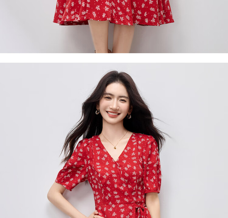 Sentubila Elegant Vacation Style V-Neck Dress for Women Summer Lantern Sleeve High Waist Floral Mermaid Slimming Mid-Length Dress 15