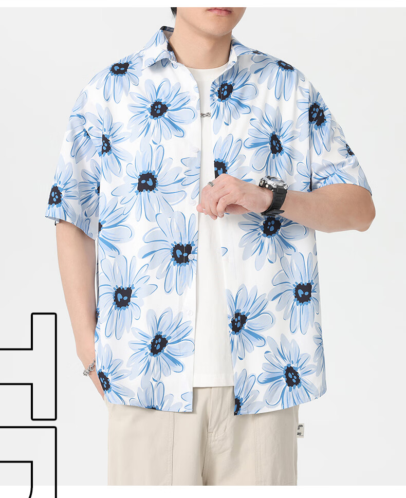 CLOR American Style Ice Silk Shirt Men's Spring and Autumn Printed Short Sleeve Loose Jacket CLCX11 Blue Rhythm Baby Flower 3XL 5