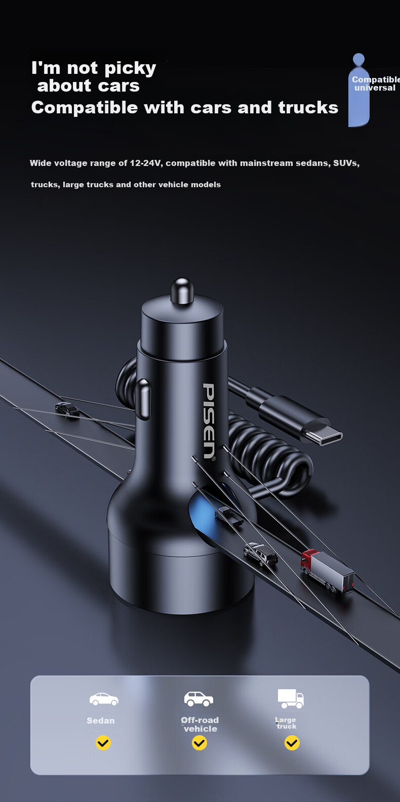 Pisen Car Charger, Retractable Two-Prong Cigarette Lighter, Fast Charging with Built-In Spring, Extendable Charging Cable, Car Adapter 8