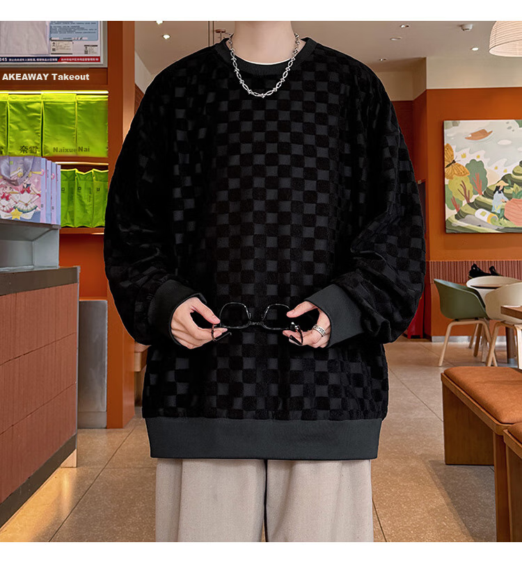 Dingfengbaoluo Japanese-Style Plaid Crew Neck Sweatshirt for Men, Spring Loose-Fitting High-End Casual Base Layer Top DFL77 Black XL 12