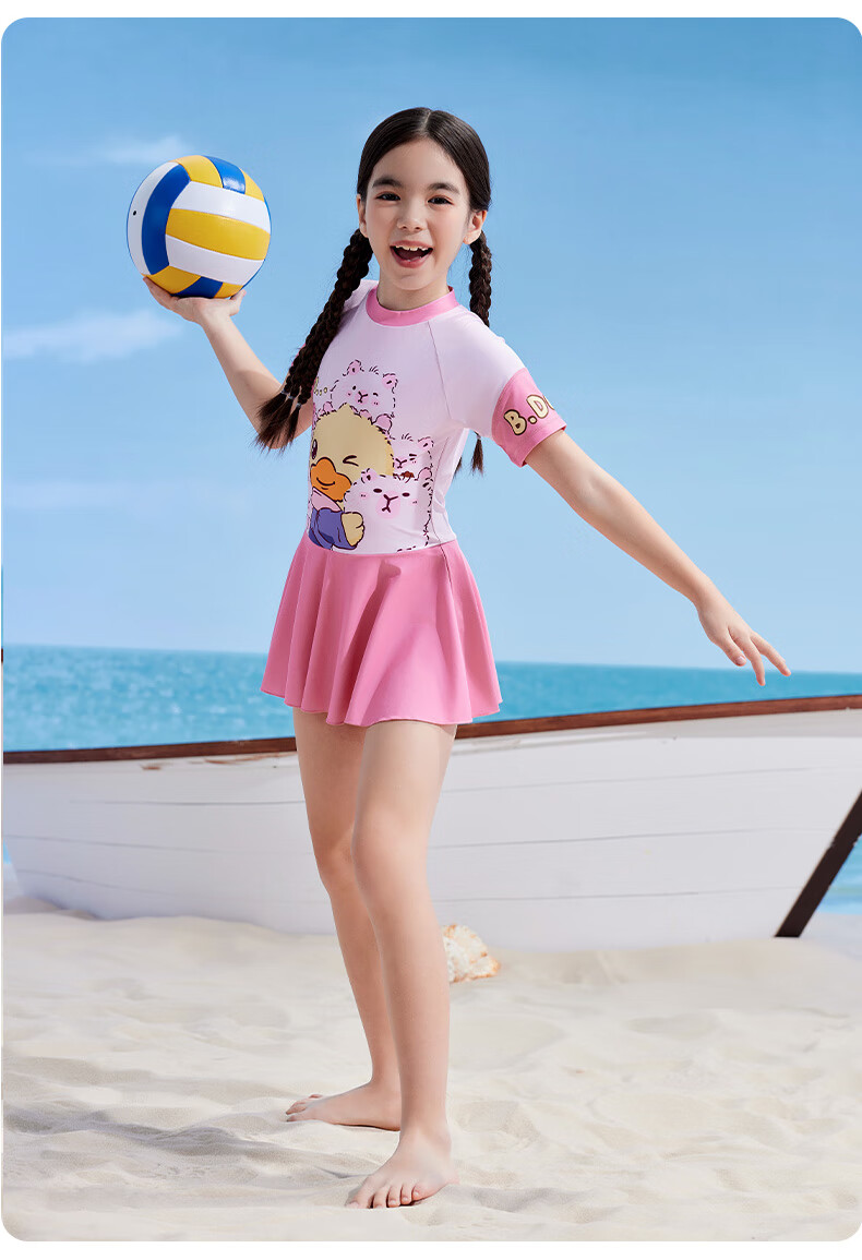 B.Duck Children's Swimsuit, Girls' Printed Short-Sleeve One-Piece Swimwear, for Young And Older Children, Camellia Pink, Size 130 5