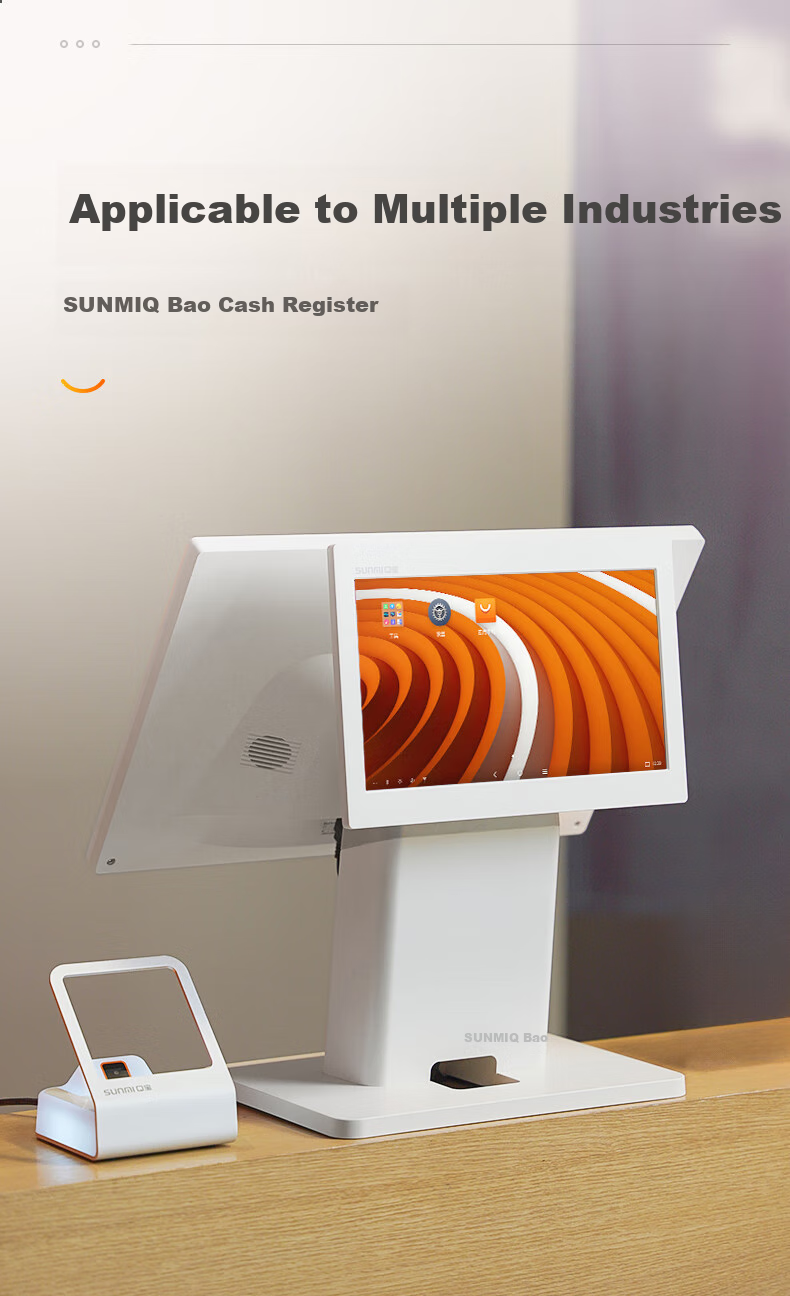Sunmi Qbao Dual-Screen Cash Register, Restaurant Hotpot Snack Shop QR Code Payment Retail Universal Cash Register Package (Dual-Screen Main Unit + Receipt Printer) 1