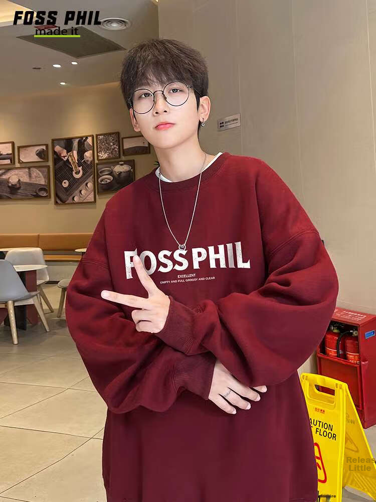 Foss Phil Round Neck Casual Sweatshirt for Men, Spring And Autumn Loose-Fitting Printed Long-Sleeve T-Shirt, Base Layer Korean-Style Top FPW3 Black 3XL 6