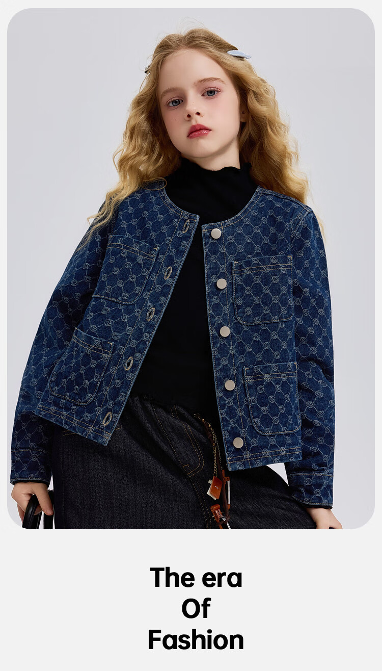 ASK JUNIOR Kids Denim Jacket Spring Girls Vintage Floral Long Sleeve Tweed Top Denim Blue 150 5