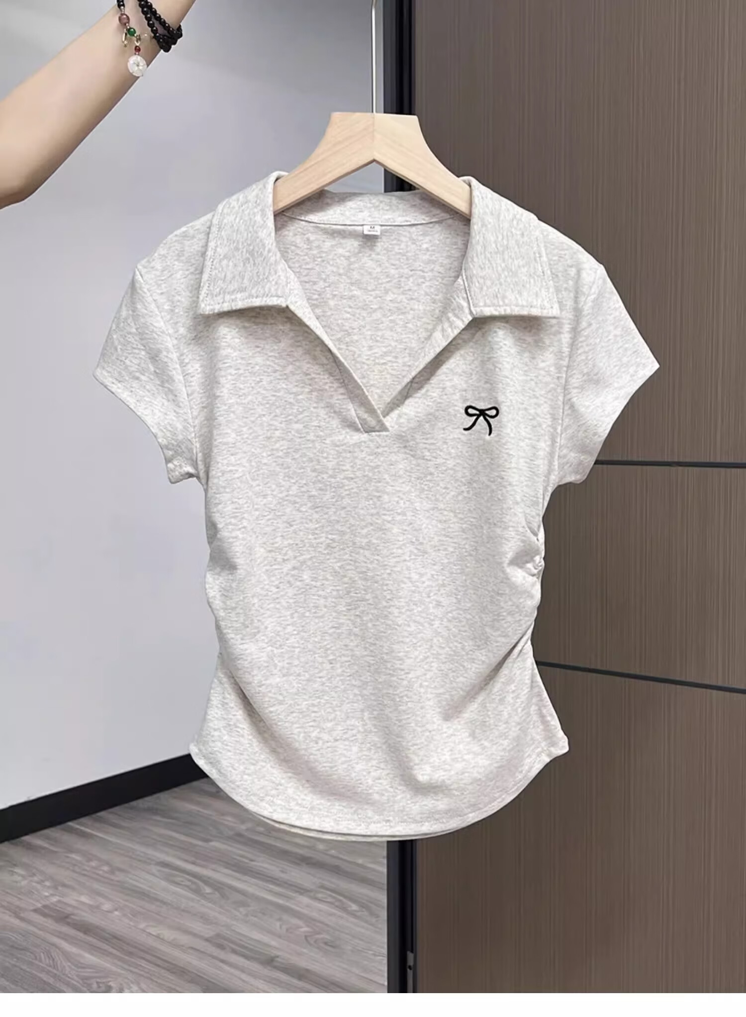 Woodpecker POLO Collar Pure Desire Short Sleeve Bow Embroidery Shoulder T-Shirt Women Slim Fit Cropped Top White L 8