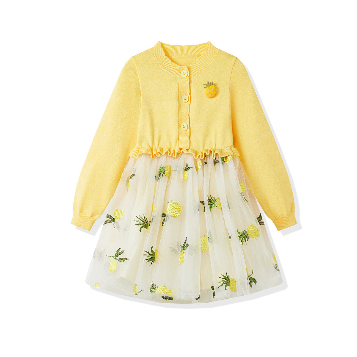 ASK JUNIOR Kids Dress Autumn Toddler Patchwork Mesh Knit Dress Girls Ruffle Princess Dress Yellow 110