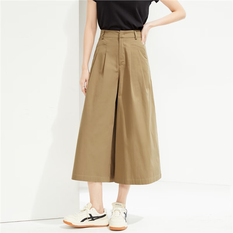 Giordano Women's Cropped Pants, Summer New Style, Pure Cotton Pleated Wide-Leg Pants, Semi-Elastic Waist, Thin Skirt Pants, 05425328