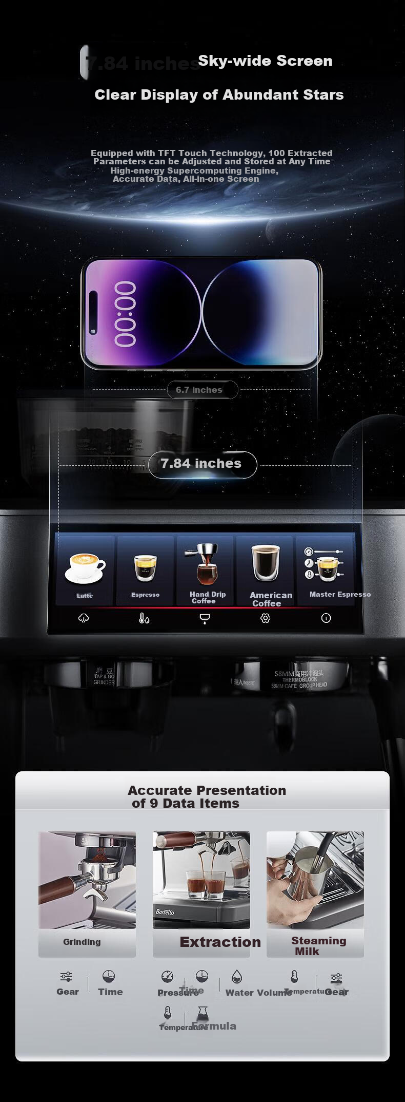 Barsetto PRO1lite Titan Transformer Coffee Machine Large Screen Touch Control Multifunction Menu Semi-Automatic Italian Grinder All-in-One Off-White New Year Gift 6