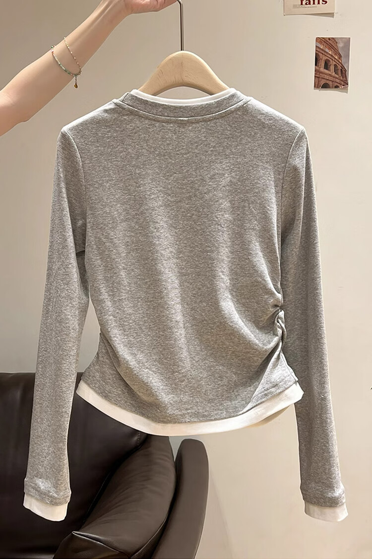 Woodpecker Women's Long Sleeve T-Shirt Round Neck Shoulder Fake Two-Piece Pleated Stretch Slim Waist Base Layer Top Dark Gray 2XL 5