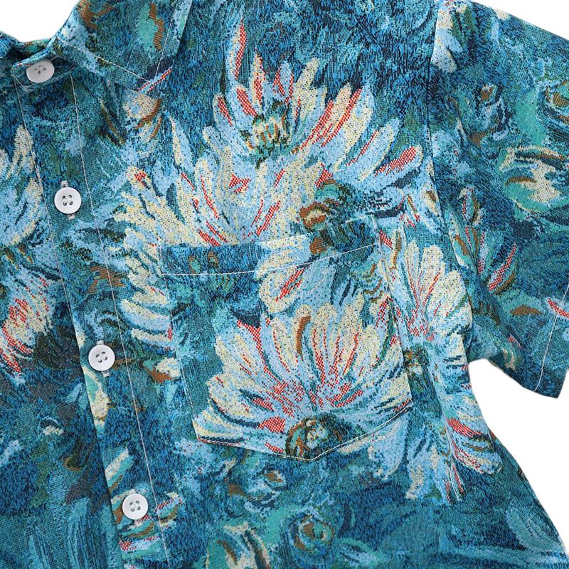LUOBOBEIBEI Boys' Short-Sleeve Shirt, Printed Blouse, Beach Vacation Wear, Formal Attire, School Uniform, Blue, Size 150