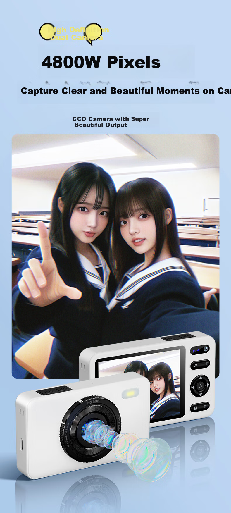 FAMUE Student CCD Camera with Front And Rear Dual Digital Cameras, Campus Retro Mini Alternative, High-Definition Vlog Camera Card That Can Transfer to Phone, Gift for Girlfriend, 32GB 4