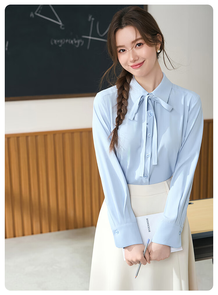 Miss Bird Blue Shirt Women's Petite Bow Tie Blouse Professional College Student Interview Formal Commuter Top 13