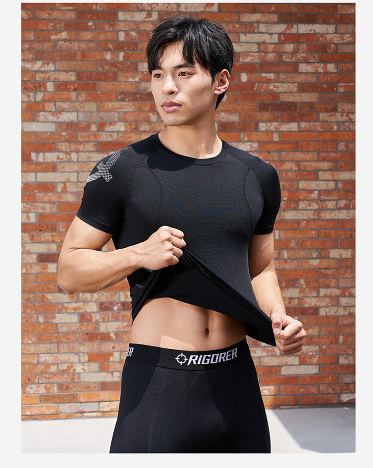 RIGORER Men's Fitness Short Sleeve Quick-Dry Sports Top Basketball Training Sweat-Wicking Compression Shirt, Pure Black, 4XL 6