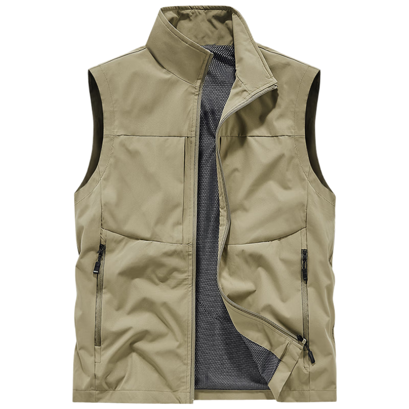 JEEP SPIRIT Men's Outdoor Casual Quick-Dry Vest Autumn Breathable Simple Stand Collar Photography Jacket Khaki 4XL