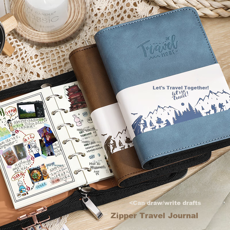 Faramon Loose-Leaf Zipper Notebook with Detachable Refillable Pages, Small Portable Travel Diary Journal Notebook Customizable Blue