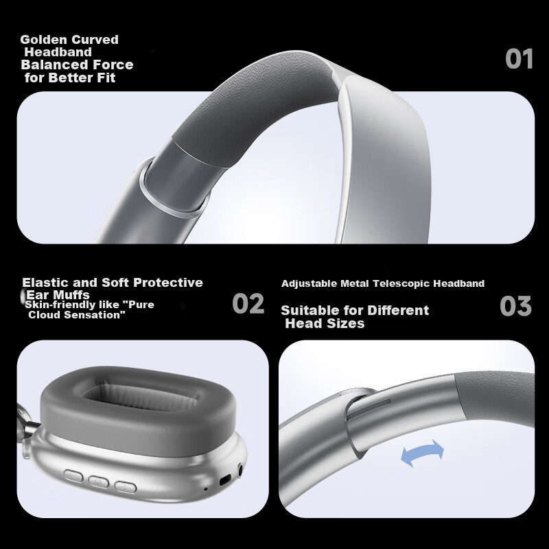 Aigo Bluetooth Headphones, Over-Ear Active Noise Cancellation, Comfortable Wear, Suitable for Music, Gaming, Sports, Compatible with Apple, Xiaomi Phones, Computers, WH300 Starry Gray