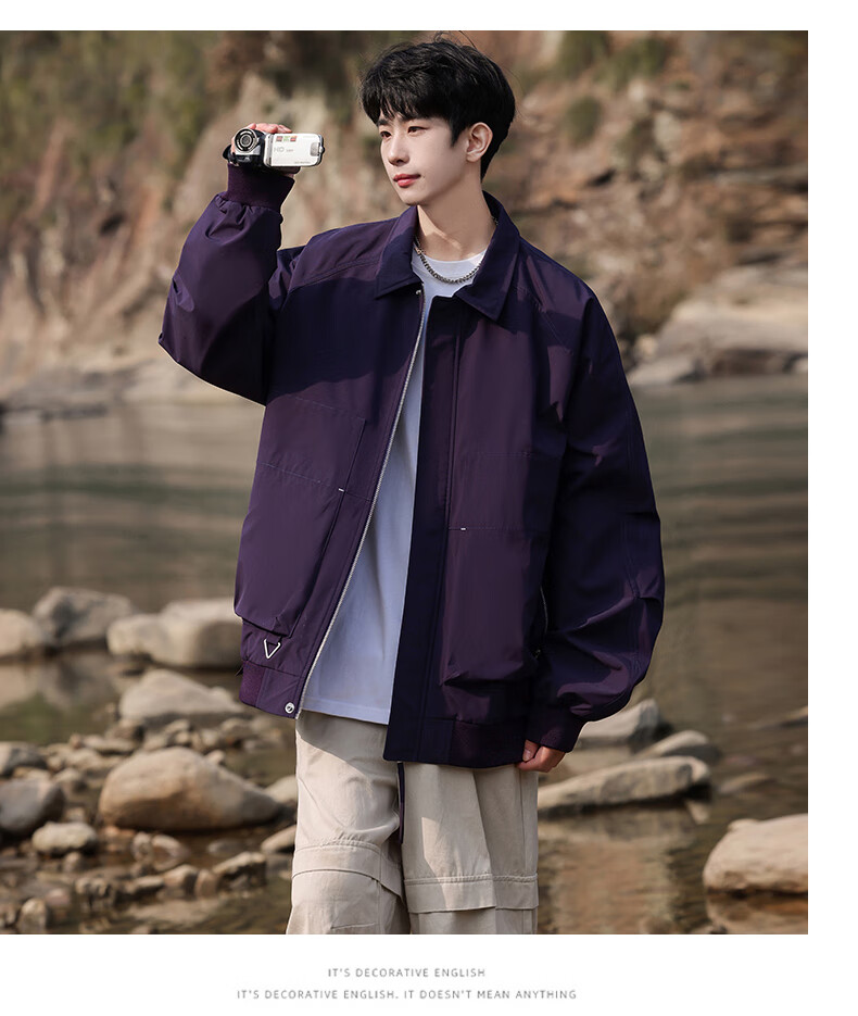 IZEXX Lapel Jacket for Men, Autumn Baen Style Trendy Casual Outerwear, Loose Fit Youth Jacket HZ10 Amber Black M 9