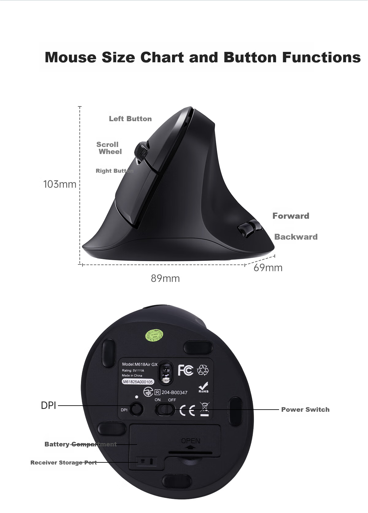 Delux M618AIR GX Lightweight Ergonomic Wireless Vertical Mouse for Office, Quiet Mouse Compatible with Computers And Laptops, Ultra-Long Standby Time, Black 6