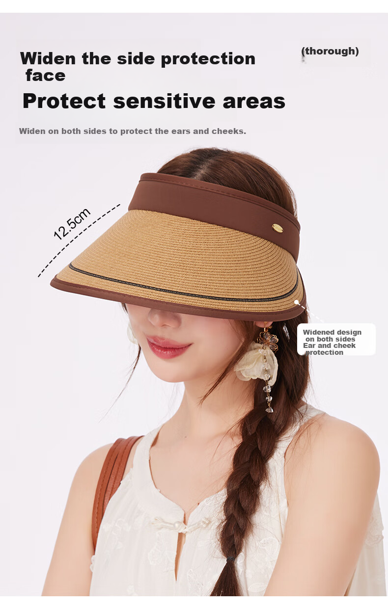 CACUSS Women's Summer Straw Sun Hat with Open Top, Wide Brim, Fashionable Floral Ribbon, Face-Slimming Sun Hat, Huaxin Coffee Color 7