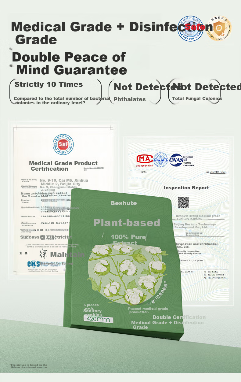 Beishute [Sensitive Skin Antibacterial] Plant-Based, Disinfection-Grade Pure Cotton Overnight Sanitary Napkins, 420mm, 20 Pieces, Menstrual Pads 5