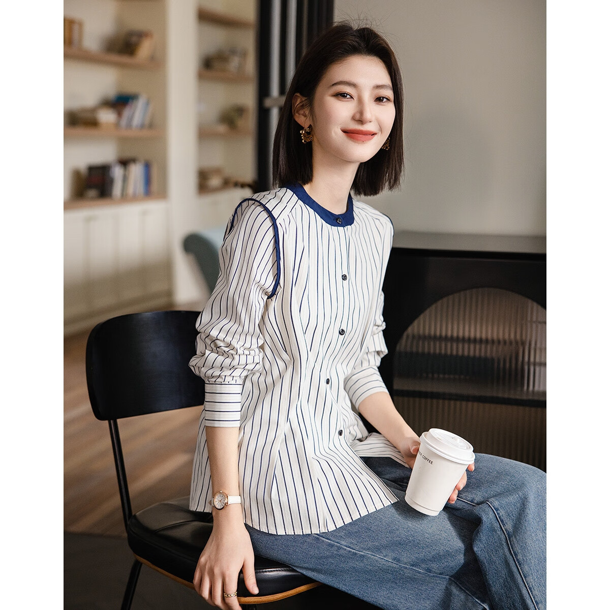 Demana Casual Wealthy Style Spring Japanese Cloud Cotton Vintage Striped Colorblock Shirt Women's Top