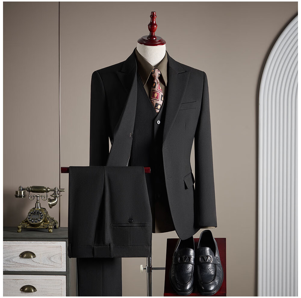 ROMON Men's Suit Set (Blazer + Vest + Trousers) Professional Formal Wool Coat Navy Blue 4XL 4