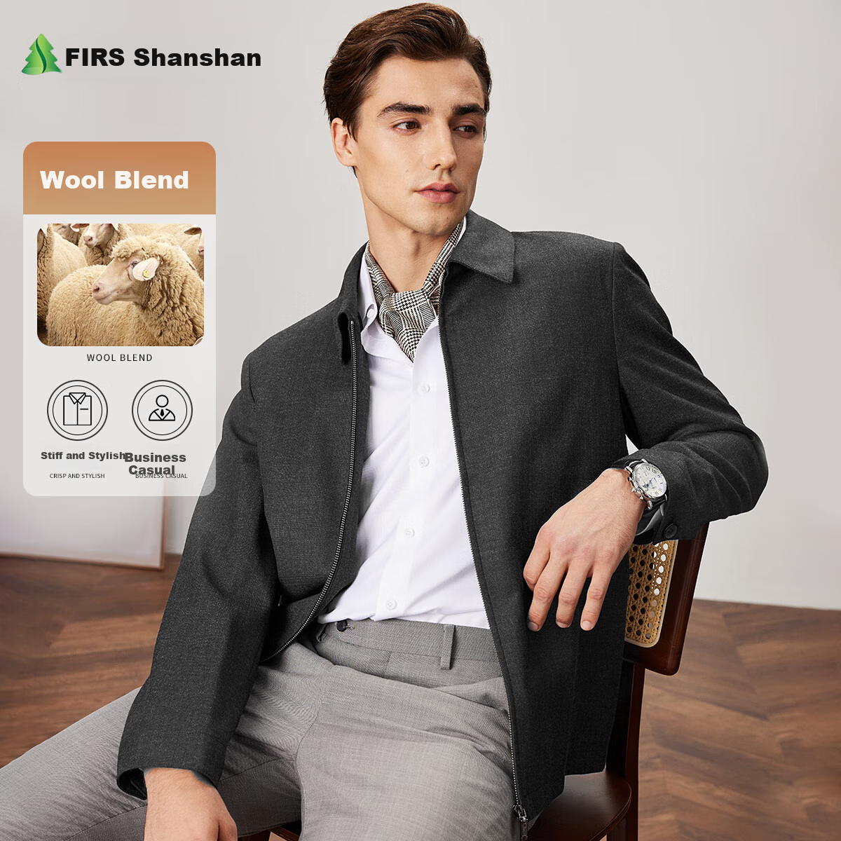 FIRS [Wool Blend] Executive Jacket for Men, Spring And Autumn Business Casual Commute Lapel Zipper Cardigan Short Coat