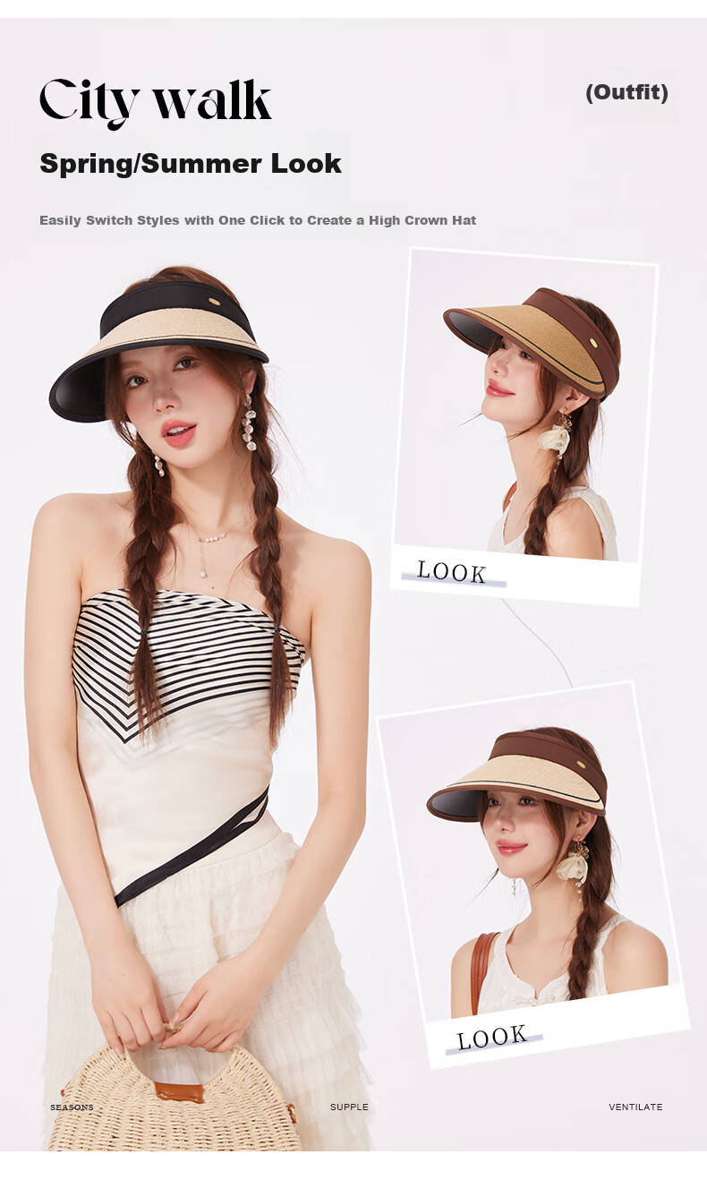 CACUSS Women's Summer Straw Sun Hat with Open Top, Wide Brim, Fashionable Floral Ribbon, Face-Slimming Sun Hat, Huaxin Coffee Color 3
