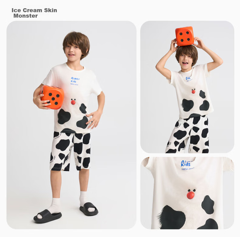 Aimer Kids Milk Skin Jacket, Unisex Loungewear, Modal Antibacterial Class A Pajamas, Top - Black And White Milk Skin Monster, Size 110 15