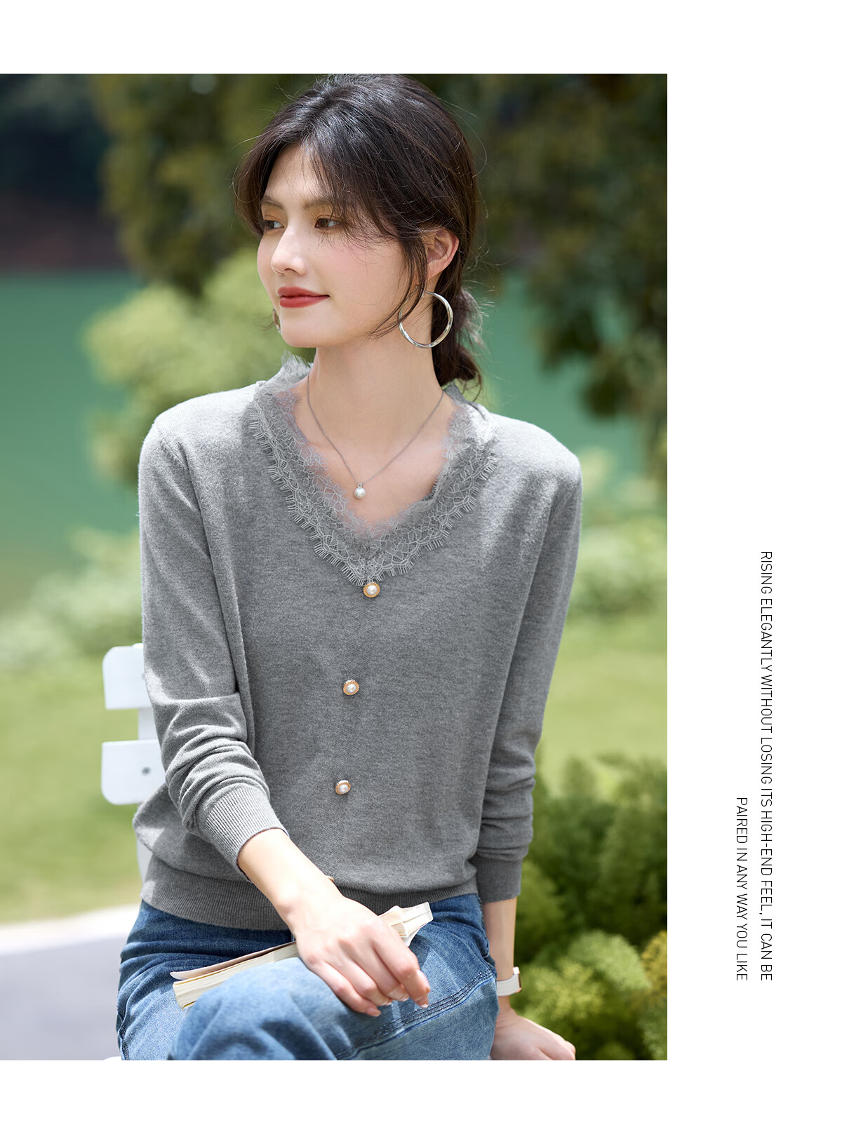 She Enjoy Women's Knitwear Lace Splice V-Neck Knit Base Shirt Fashion Versatile Soft Sweater Top T53Z045 7