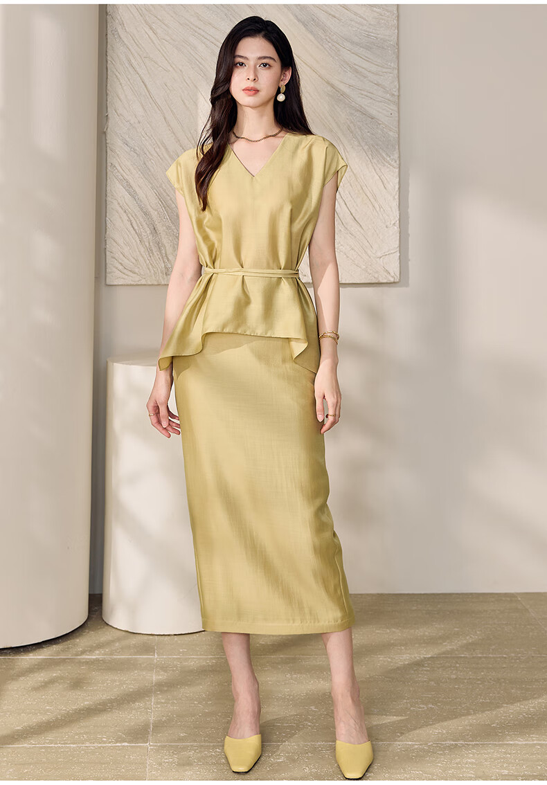 ROEYSHOUSE Women's Summer Casual Slim V-Neck Tie Two-Piece Set Top and Skirt 12233 Yellow M 12