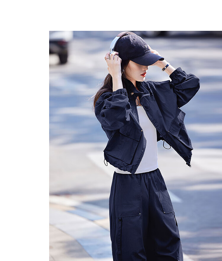 Awakening Paradise 26 Spring New Stand Collar Drawstring Jacket High Waist Cargo Jogger Lightweight Casual Set Navy Blue S 18