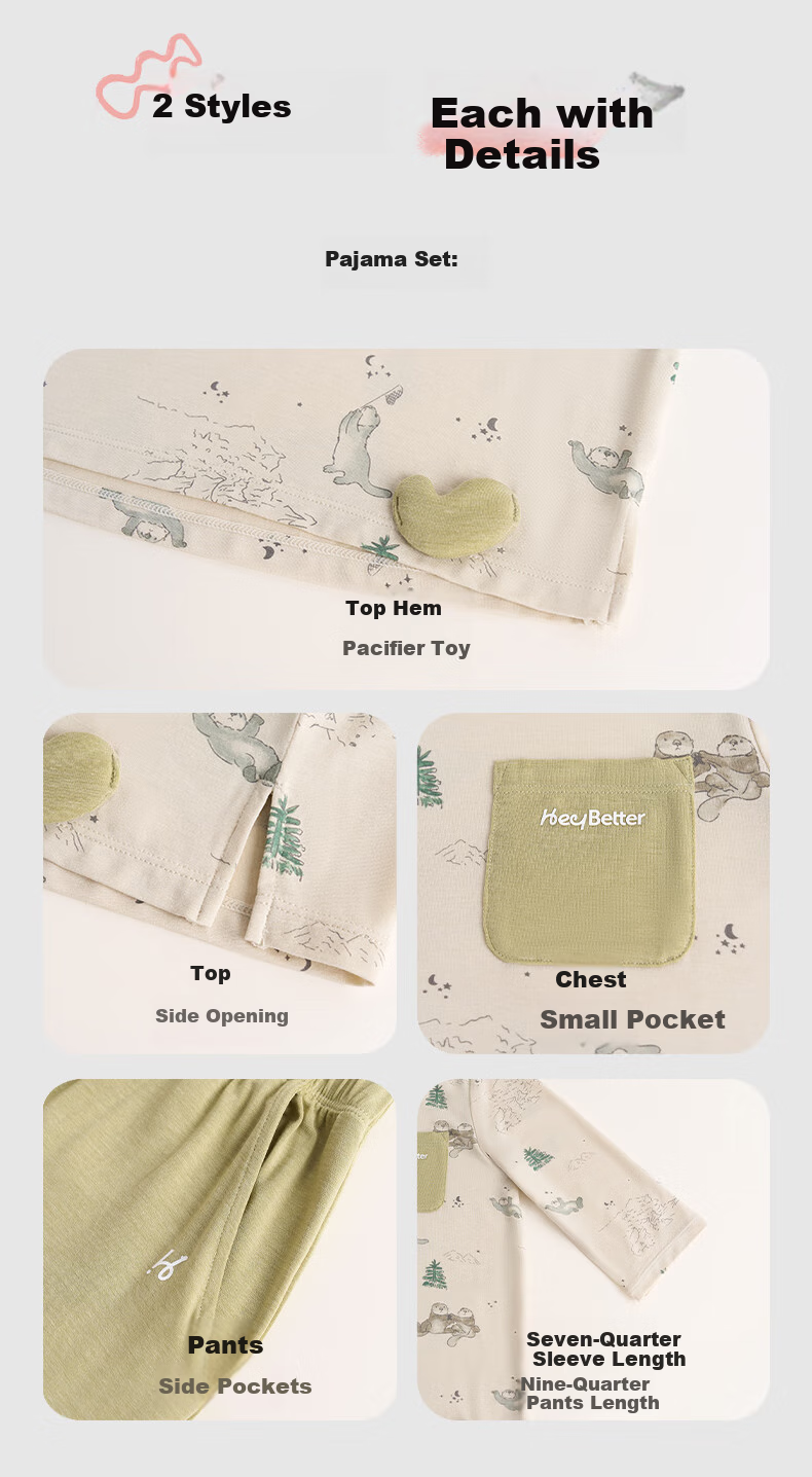 HeyBetter Children's Quick-Dry Home Wear, 5A Antibacterial Soft Breathable Set - Otter Forest (Gray-Green), Size 140 12