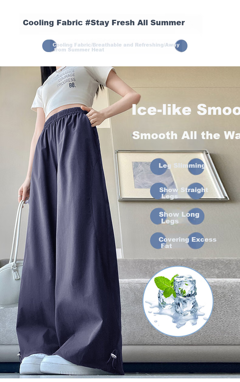 Jeanswest Navy Blue Quick-Dry Cargo Pants for Women, Summer New High-Waisted Slimming Wide-Leg Trousers, Casual Straight-Leg Pants for Petite Figures 4