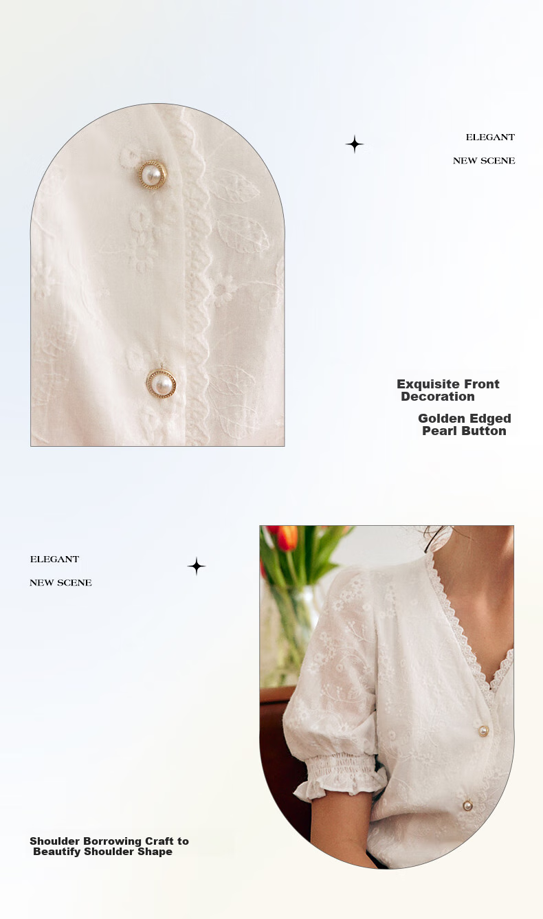 Olrain [Exquisite Small Flower Embroidery Lace Blouse], V-Neck Shirt, Summer Women's Top, Elegant Commuter Wear, White, M 5