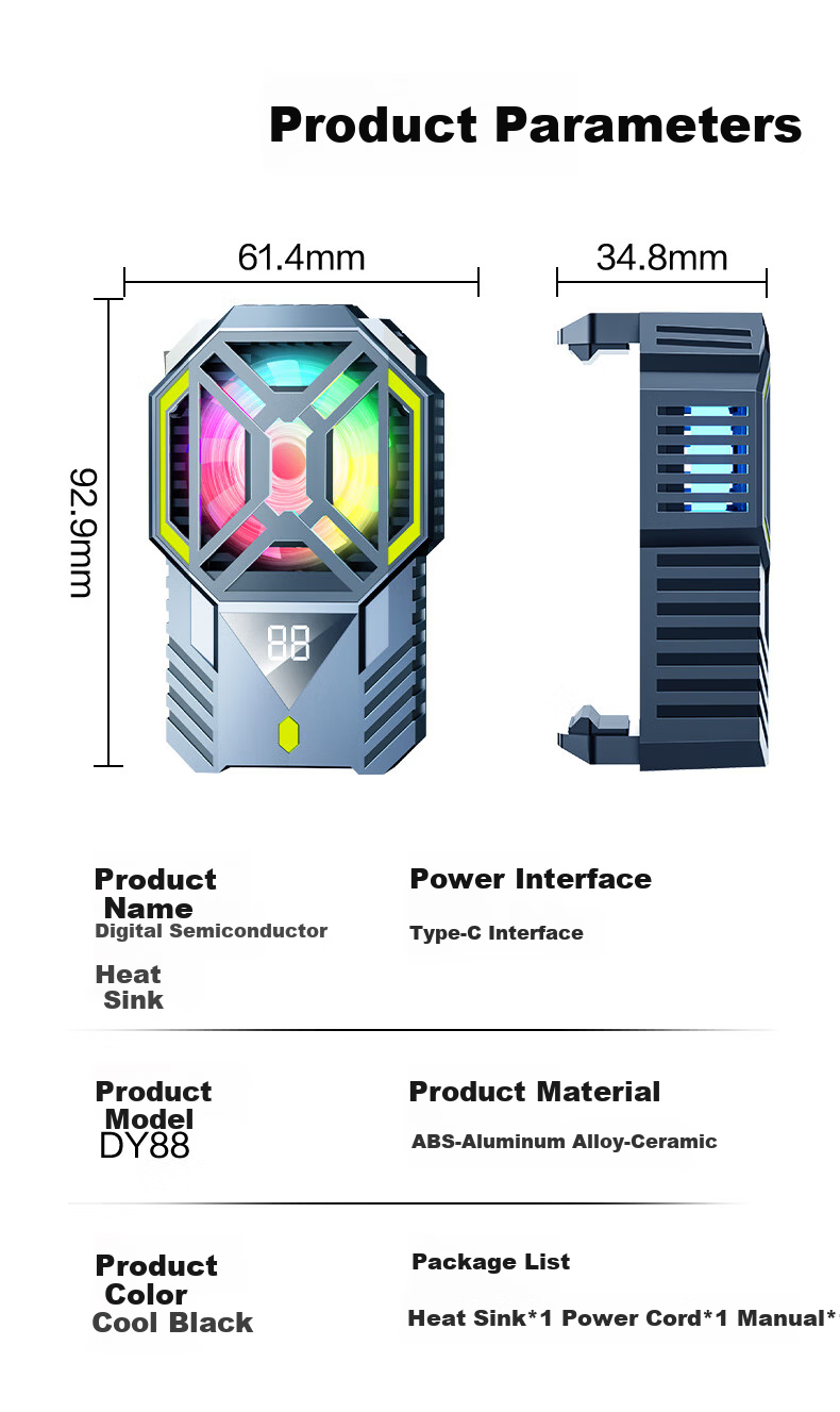 KOVL (KOVOL) Phone Cooling Pad, Digital Display Semiconductor Cooling, Live Streaming Cooling Back Clip Style, Suitable for Apple And Android, Ceramic Black, DY88 RGB 9