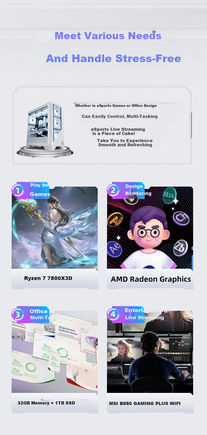 AMD & MSI Zeus Shield ZS2 Ryzen R7 7800X3D/16GB/1TB/850W Gold Gaming And Design Desktop Computer DIY Assembly Cardless Host System 2