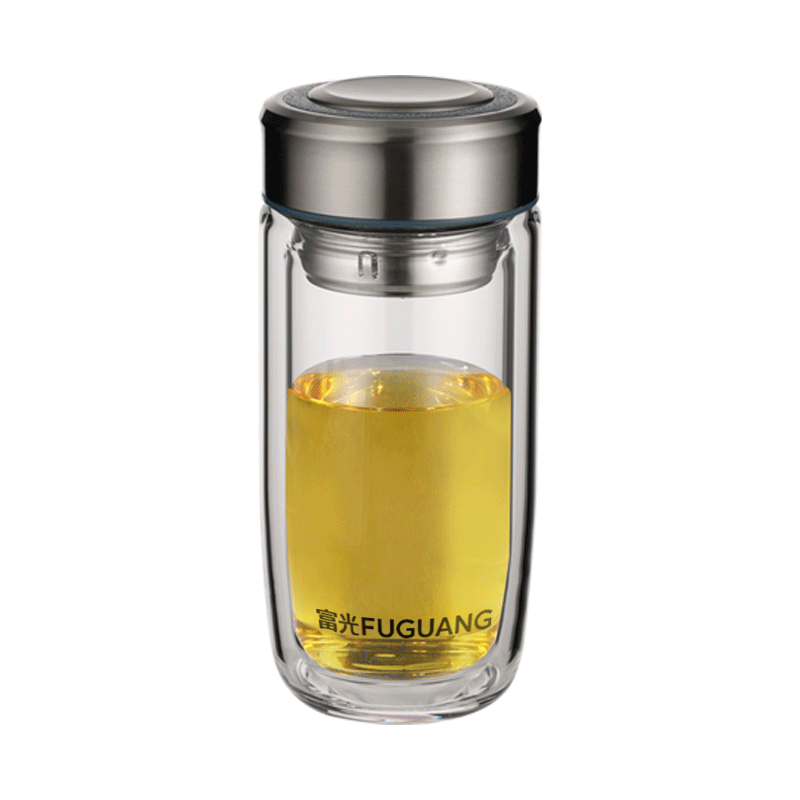Fuguang Double-Layer Glass Cup with Tea Strainer, High Borosilicate Glass Water Bottle, Tea-Water Separation Car Tea Infuser Mug for Men 400ml