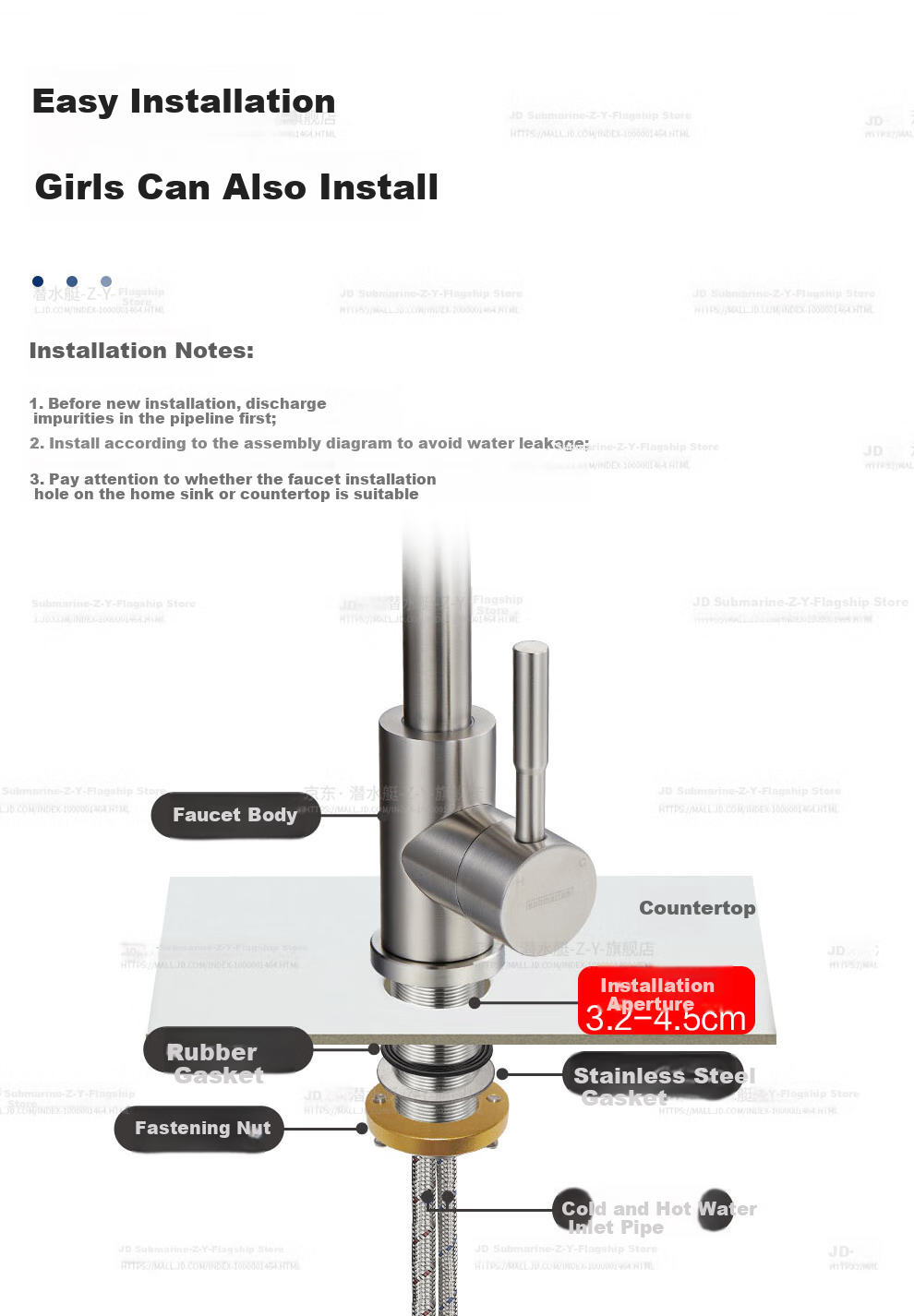 Submarine L2094 Stainless Steel Basin Faucet, Hot And Cold Dual Control, 360° Double Rotation, Bathroom Sink Faucet for Washing Face And Hands 12