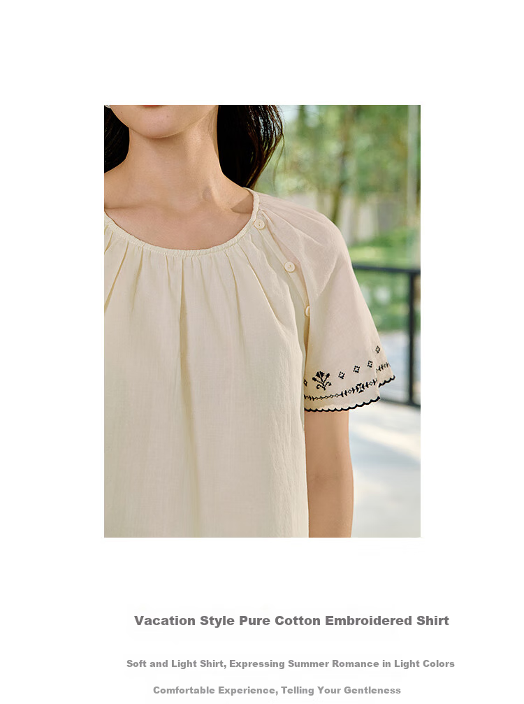Inman French Style 100% Cotton Embroidered Shirt Summer Women's Casual Vacation Short Sleeve Blouse Beige M 14