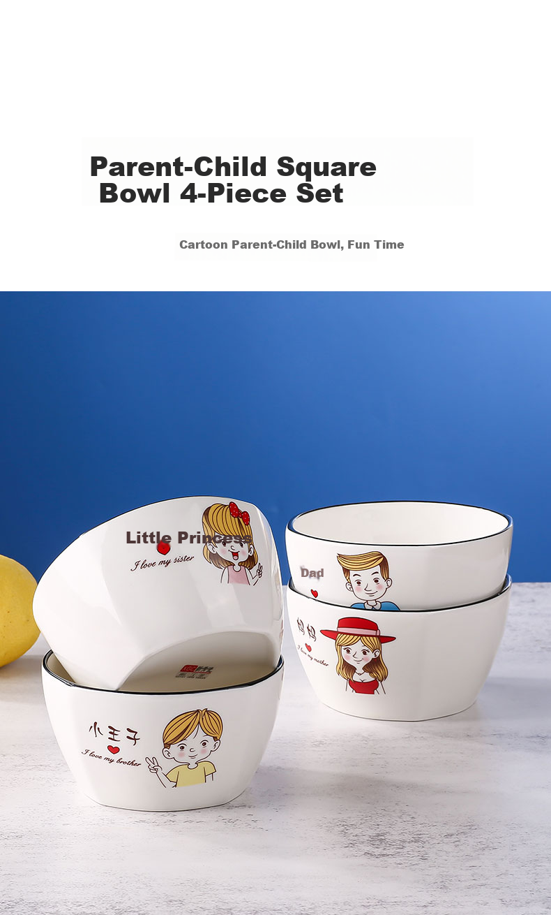 Canjiangjun Parent-Child Bowl Set, Household Tableware, Soup Spoons for A Family of Four, Ceramic Square Bowls, 4-Piece Set [With Matching Spoons] 1