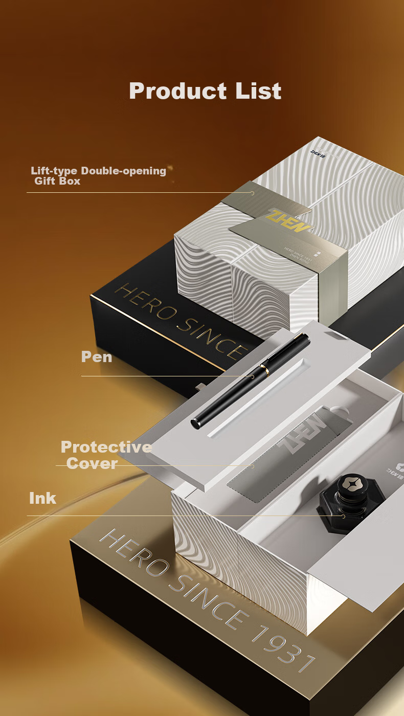 HERO Fountain Pen, Zhenrong Series Light Luxury 10K Gold Pen, Black And Gold Ink Gift Box, High-End Signature Pen for Men, Leaders, Teachers, Birthday Gift 10