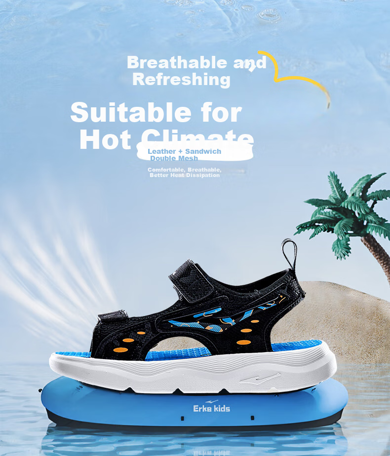 ERKE Children's Sandals for Boys, Kids' Double-Layer Velcro Open-Toe Outdoor Sandals, Micro-Crystal White/true Black/pioneer Green, Size 35 5